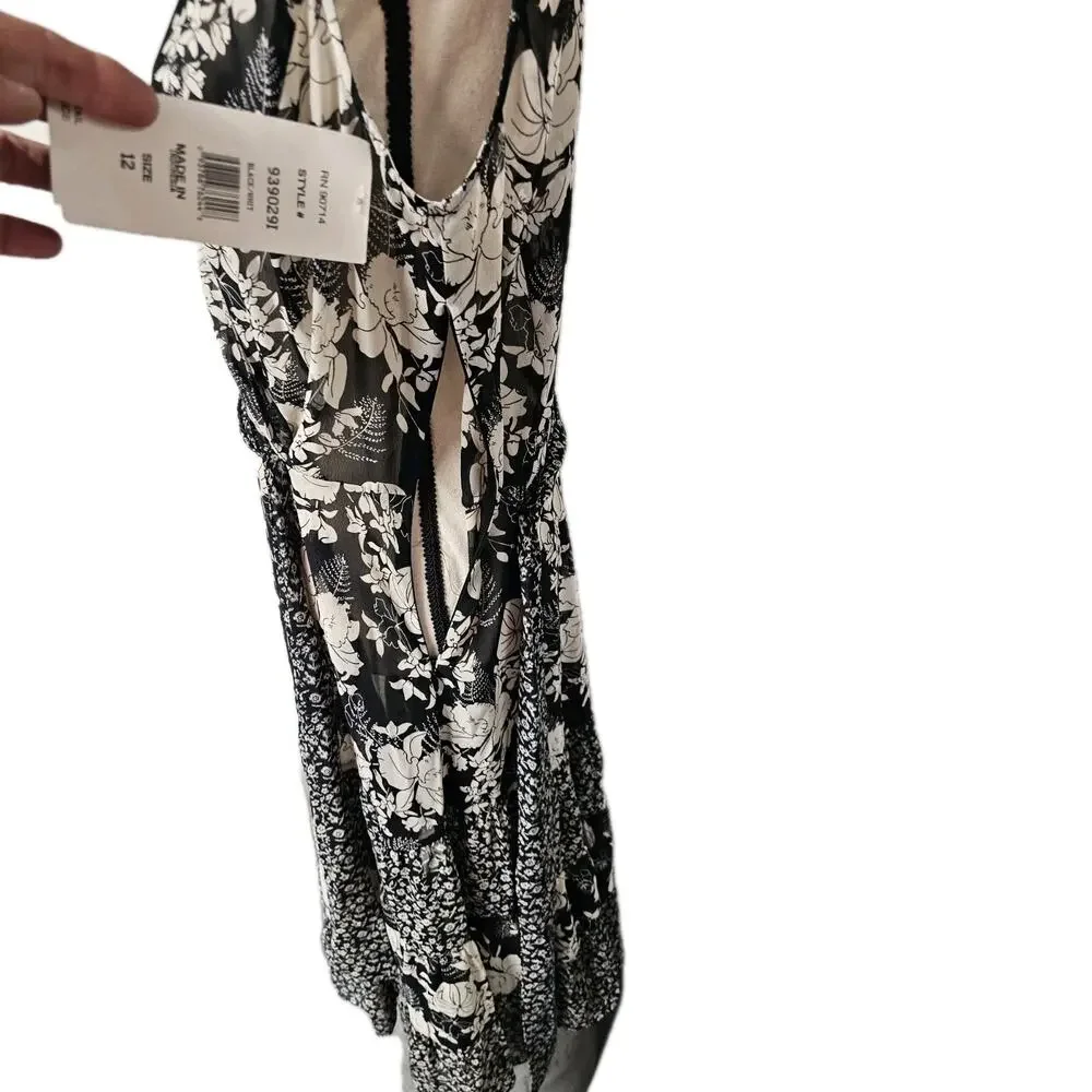 MSK Sheer Tiered Midi Dress Womens Sz 12 Boho Feminine Flowy Hippie Dark Fairy